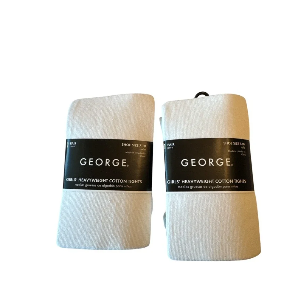 George‎ Girls Heavyweight Cotton Tights 2-Pair Pack White Shoe Size 7-10 NWT